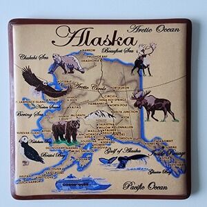 Vintage Alaska State Map Trivet Ceramic Hot Pot Holder 1990s Tile USA Moose Bear